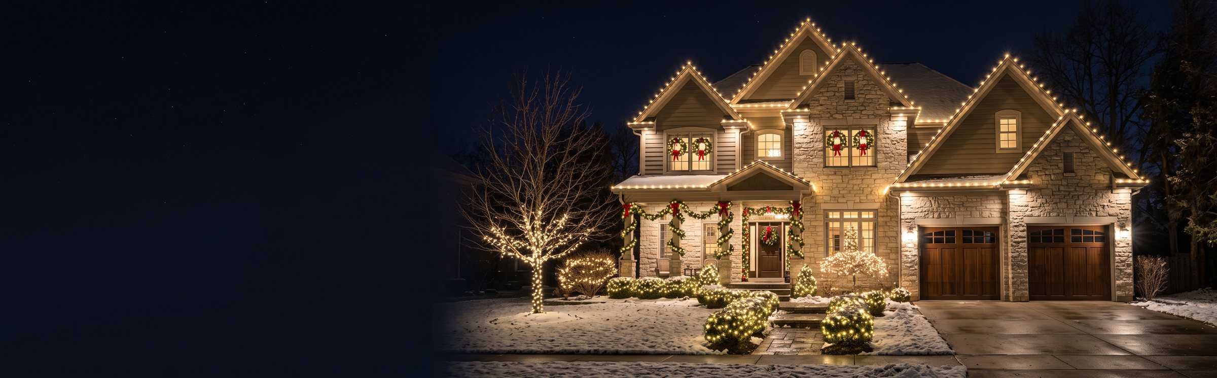 Half the house drawn as a glowing outline, half photographed lit at night